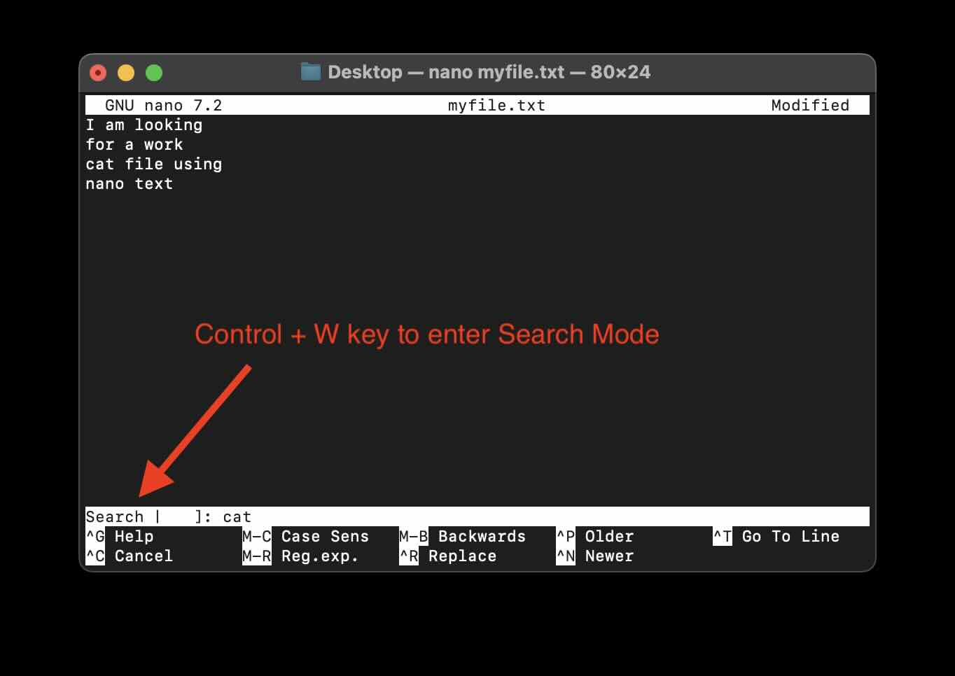 Control and W key to enter search mode in Nano